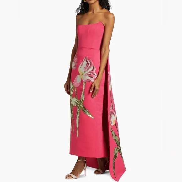 Amsale Pink Gown with Sequin Floral Design & Removable Train - Picture 3 of 12